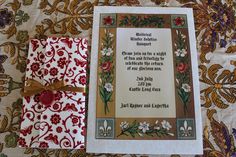 a card with a poem on it sitting on top of a quilted table cloth