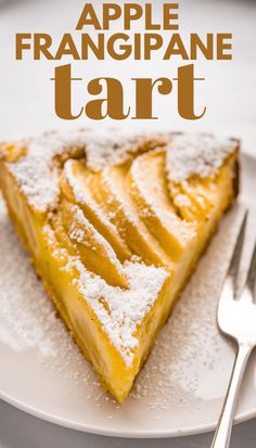 there is a piece of pie on the plate with powdered sugar around it and text overlay that reads, apple franigiane tart