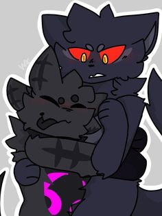 two black cats hugging each other with red eyes and one cat's head glowing