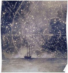 a boat floating on top of a body of water under a sky filled with stars