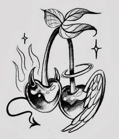 a tattoo design with two cherries and an angel