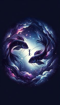 two fish are in the middle of a circle with clouds and stars around them, as if they were kissing