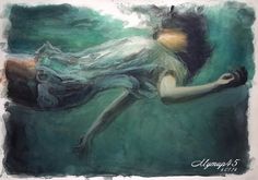 a painting of a woman floating in the water