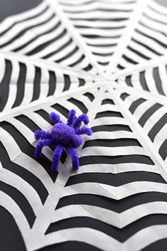 a purple spider sitting on top of a black and white web