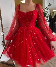 Tulle Short Dress, Prom Dress Red, Short Red Prom Dresses, Tulle Cocktail Dress, Long Sleeve Homecoming Dresses, Formal Dresses Graduation, Long Sleeve Cocktail Dress, Tulle Ball Gown, Red Prom