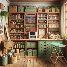 a kitchen filled with lots of green cupboards and shelves next to a microwave oven