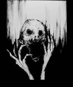 a black and white drawing of a creepy face with hands on it's head