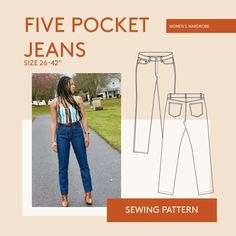 a woman's jeans sewing pattern with an image of the front and back view