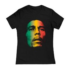 a woman's black t - shirt with the image of a man in rainbow colors