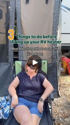 a woman sitting in a chair with her feet on the ground next to an rv