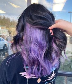 Purple Hair Color Ideas For Black Hair, Butterfly Hair Color Ideas, Cute Hair Colors Purple, Black Hair Dyed Purple, Dark Hair Purple Underneath, Black Hair With Some Color, Purple Hair Highlights Underneath, Short Black Hair With Purple Underneath, Hair Color Ideas Black And Purple