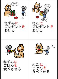 four different types of cartoon characters with words in english and chinese, including an image of cats