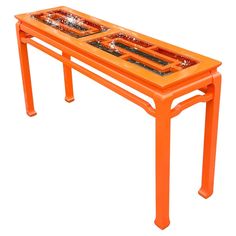 A stunning vintage Regency console table. A chic brilliant orange lacquer Finnish on a classic fretwork design. Inset glass top. Acquired from a Palm Beach estate. Orange Lacquer, Beach Estate, Late 20th Century, Palm Beach, Table Furniture, Console Table, 20th Century, Orange, Wood