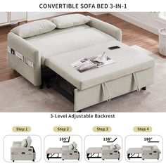 the adjustable sofa bed is shown in three different positions and features 3 level adjustable backrest