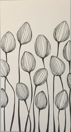 black and white drawing of flowers with lines on the bottom, in front of a white background