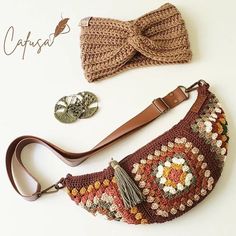 two purses and a crocheted bow tie