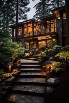 a very nice house in the woods with stairs leading up to it's front door