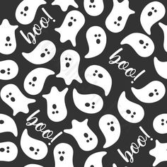 white ghost faces on black background with the words boo boo spelled in large letters and small heads