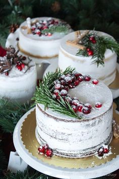 three cakes decorated with holly and pine cones on top of each other in front of evergreen branches