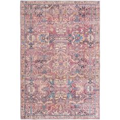 a pink rug with an ornate design on the front and back side, in various colors