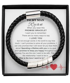 💗  To My Man Promise Bracelet, Promise Bracelet for Boyfriend, Soulmate Gift, Promise Bracelet For Him, Mens Vegan Leather Bracelet. With an edgy design that combines simplicity and style, our men's vegan leather bracelet is perfect for everyday wear.  💗【BRACELET DETAILS】 ● It's crafted from vegan braided leather and embellished with a subtle metal piece for a suave appearance. Adding a minimalist touch of style that he will truly appreciate every day it's worn. ● Crafted from black vegan brai Promise Bracelet For Him, Bracelet For Boyfriend, To My Man, Bracelet For Him, Promise Bracelet, Bracelets For Boyfriend, Edgy Design, My Man, Black Vegan