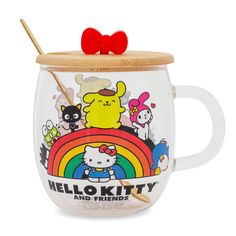 hello kitty and friends glass mug with wooden lid, straw in the cup and handle