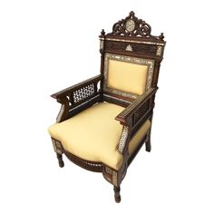 an ornate wooden chair with yellow upholstered seat and back cushions, on white background