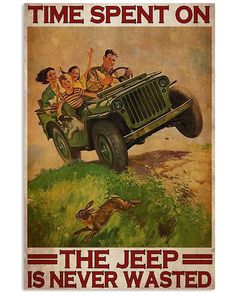 an old magazine cover with people riding in the back of a jeep and a dog running behind it