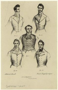 Men in vests and neckties. (1834) Men In Vests, Zack Pinsent, Historical Menswear, Victorian Mens Fashion, Motif Soutache, Victorian Men, 19th Century Clothing