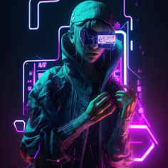 a woman in futuristic clothing holding a cell phone and looking at it with neon lights behind her