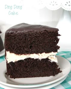 a slice of chocolate cake with white frosting on a plate