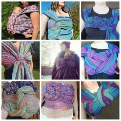 many different types of knitted scarves are shown in multiple pictures, one is blue and the other is purple