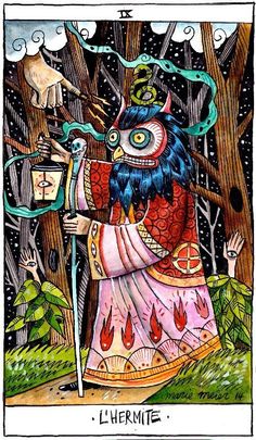 a drawing of a woman holding a lantern in her hand with an owl on top