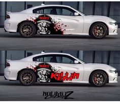 two side by side images of a white car with red paint splattered on it