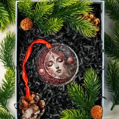 an ornament in a box surrounded by pine cones