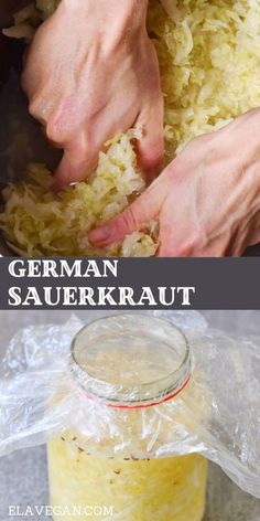 someone is making sauerkraut in a jar