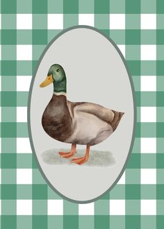 a painting of a duck standing in front of a green and white checkered tablecloth