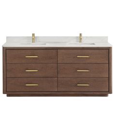 the double sink vanity is made from wood and has two gold handles on each side