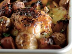 a close up of food in a pan on a table