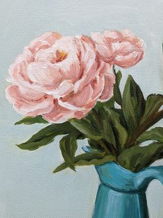 a painting of pink flowers in a blue vase