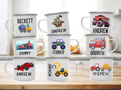 a stack of coffee mugs with different types of trucks on them