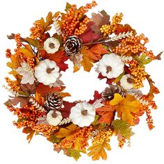 a wreath with white pumpkins, orange and green leaves and pine cones on it