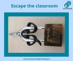 an open pair of scissors sitting on top of a piece of paper with the words escape the classroom