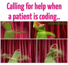 the frog is jumping up and down in front of red curtains with text that reads, calling for help when a patient is cooling