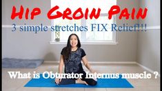 a woman sitting on a blue mat in front of a window with the words hip crowpaw 3 simple stretches fix relief