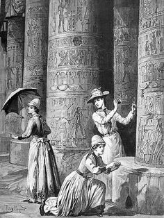 an old drawing of two women standing in front of some large columns with egyptian writing on them