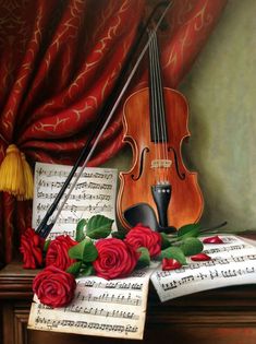 a painting of violin, roses and sheet music