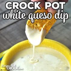 a person dipping cheese into a bowl of dip with the words crock pot white queso dip