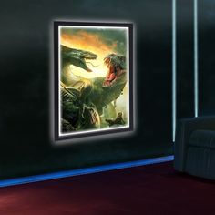 a room with a dinosaur painting on the wall