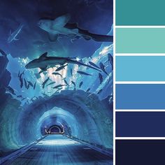 an image of a tunnel with sharks swimming in it and the color scheme is blue